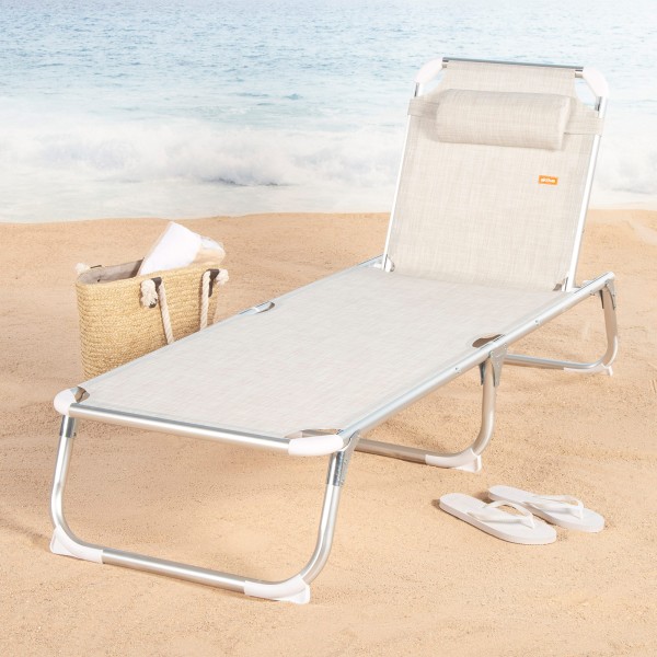 Espreguiçadeira de praia bege, 5 posições, 186x49x30 cm | Distria