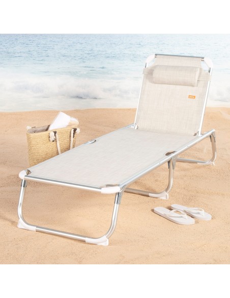 Espreguiçadeira de praia bege, 5 posições, 186x49x30 cm | Distria