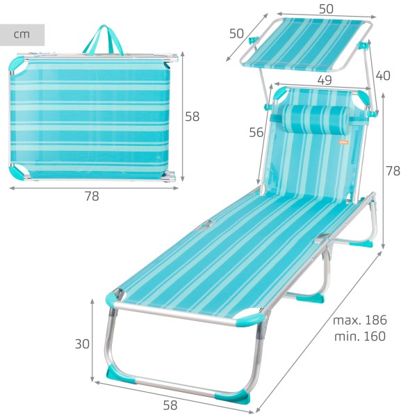 Espreguiçadeira de praia turquesa guarda-sol 186x49x30 cm | Distria