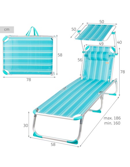 Espreguiçadeira de praia turquesa guarda-sol 186x49x30 cm | Distria
