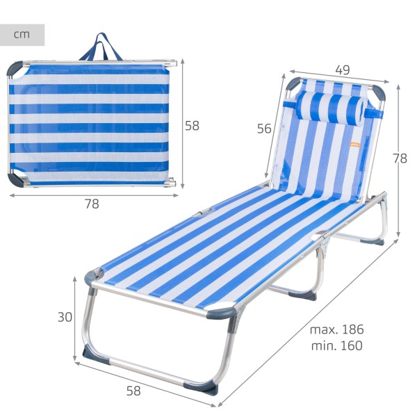 Espreguiçadeira náutica de praia, 5 posições, 186x49x30 cm | Distria