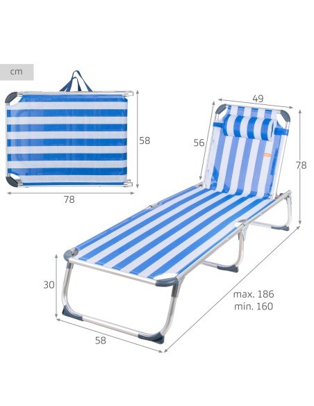 Espreguiçadeira náutica de praia, 5 posições, 186x49x30 cm | Distria