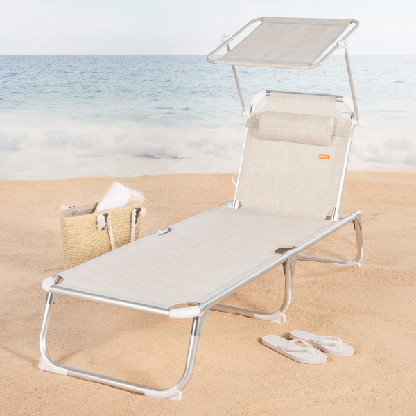 Espreguiçadeira de praia bege com guarda-sol 186x49x30 cm | Distria