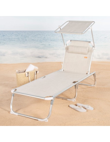 Espreguiçadeira de praia bege com guarda-sol 186x49x30 cm | Distria