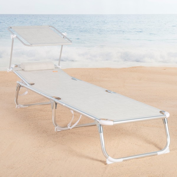 Espreguiçadeira de praia bege com guarda-sol 186x49x30 cm | Distria