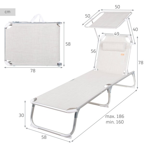 Espreguiçadeira de praia bege com guarda-sol 186x49x30 cm | Distria