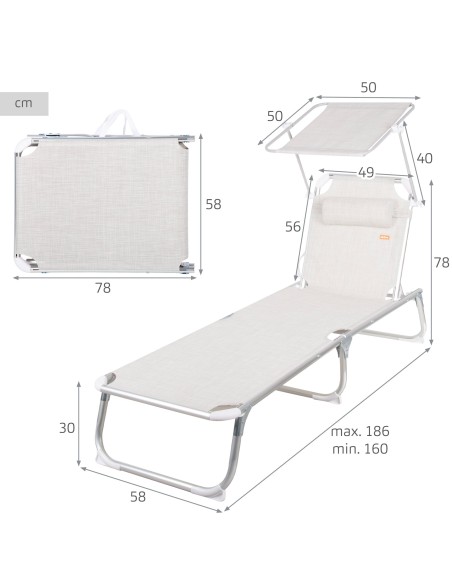 Espreguiçadeira de praia bege com guarda-sol 186x49x30 cm | Distria