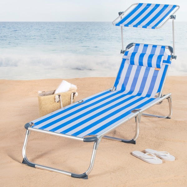 Espreguiçadeira náutica de praia com guarda-sol 186x49x30 cm | Distria