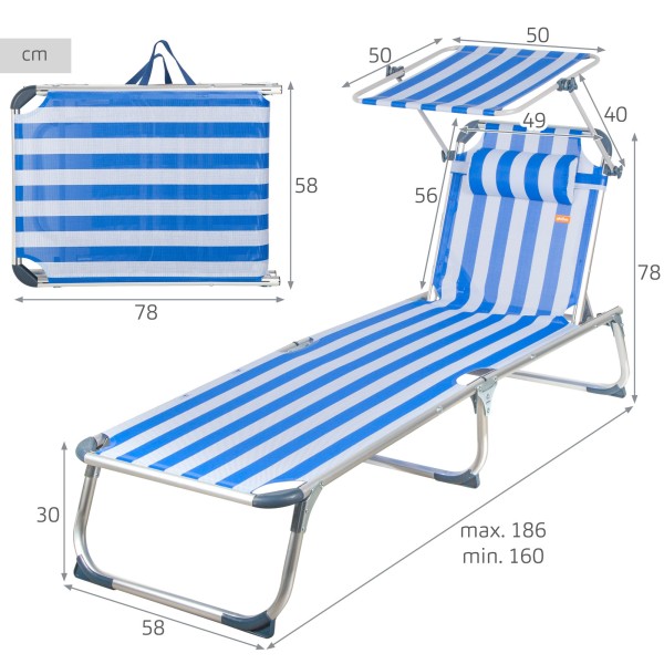 Espreguiçadeira náutica de praia com guarda-sol 186x49x30 cm | Distria