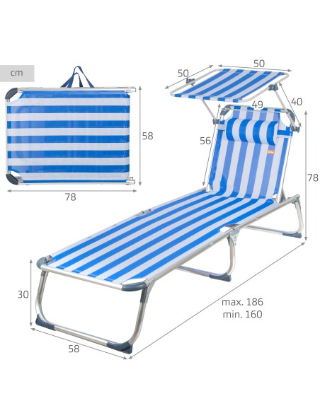 Espreguiçadeira náutica de praia com guarda-sol 186x49x30 cm | Distria