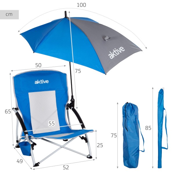 Cadeira dobrável Aktive com guarda-sol e suporte para copos | Distria