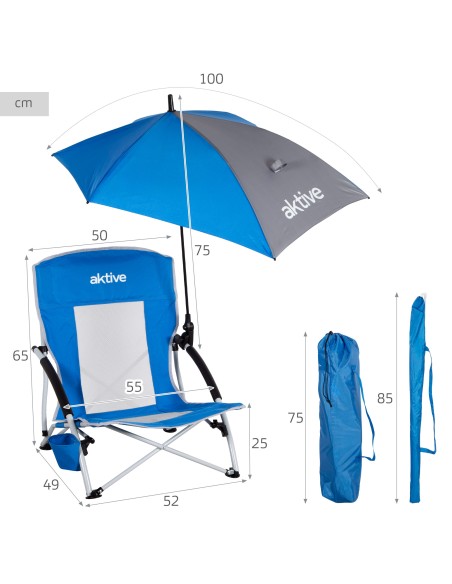 Cadeira dobrável Aktive com guarda-sol e suporte para copos | Distria