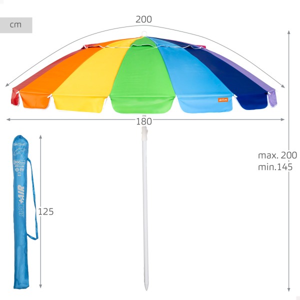 Aktive Guarda-sol de praia com 16 varetas, 200 cm, multicolorido, inclinável, proteção UV50