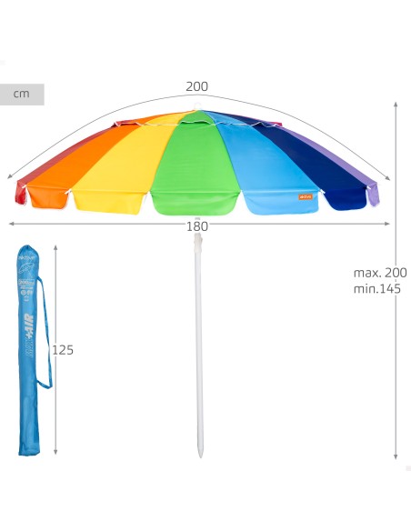Aktive Guarda-sol de praia com 16 varetas, 200 cm, multicolorido, inclinável, proteção UV50
