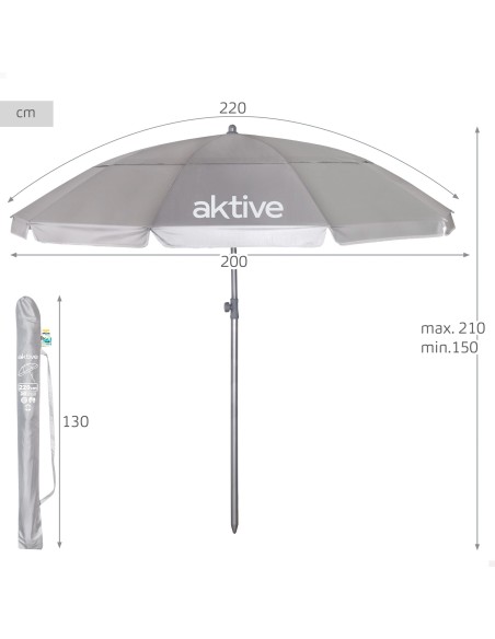 Guarda-sol de praia cinza D220 cm UV50 Aktive | Distria