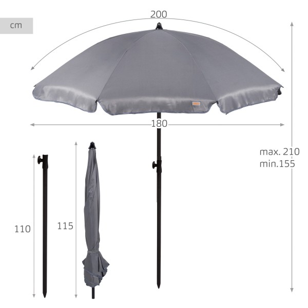 Guarda-sol grande cinza escuro de 200 cm com capa | Distria