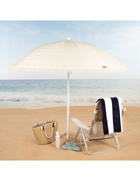 Aktive Guarda-sol de praia de 16 nervuras, 200 cm, bege com franjas