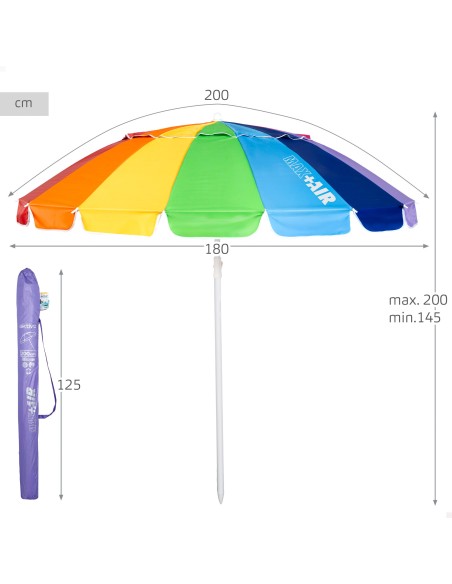 Aktive Guarda-sol de praia com 16 varetas, 200 cm, multicolorido, inclinável, proteção UV50